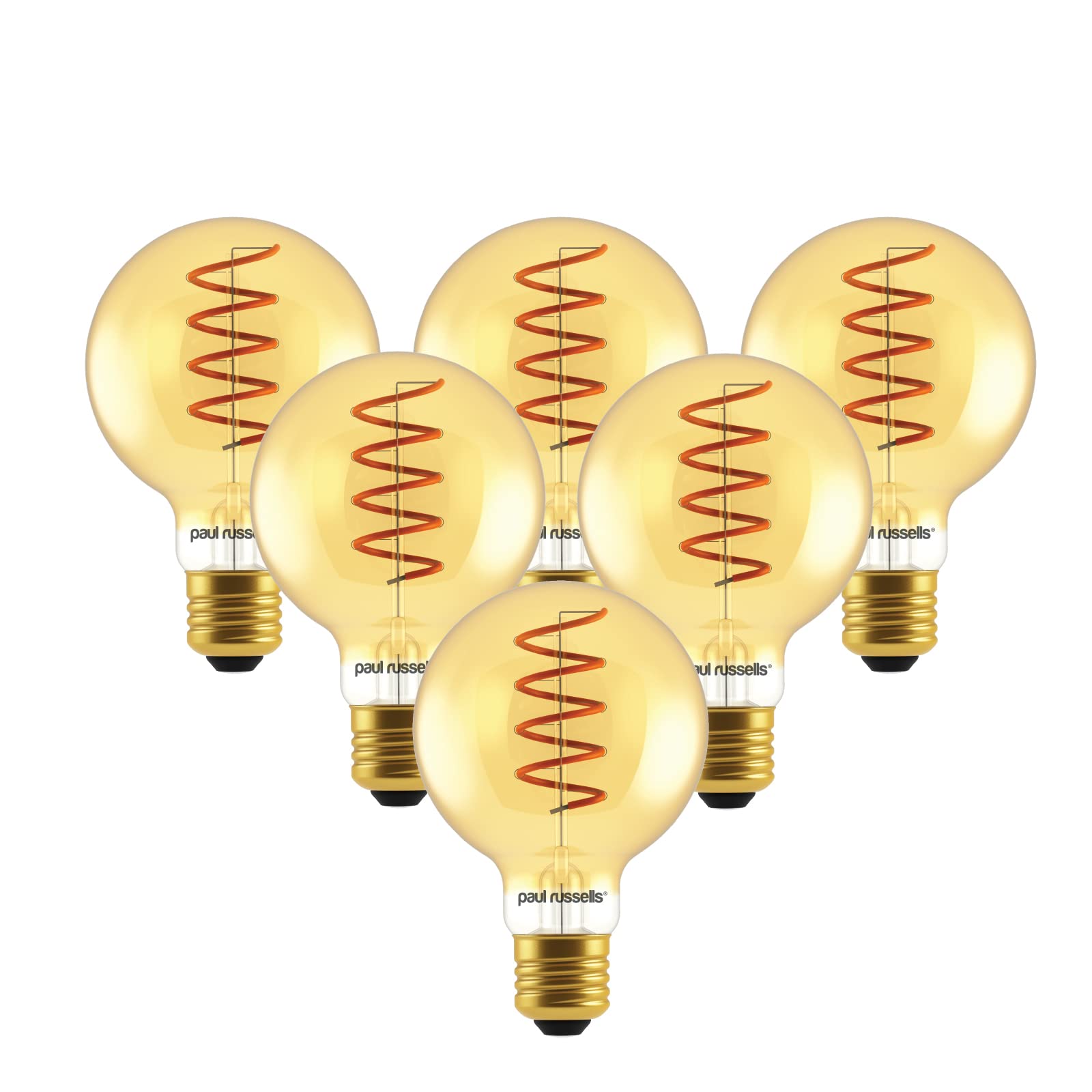 paul russells LED Spiral Filament Edison Screw Light E27 Globe G80, Vintage Industrial Bulbs - Pack of 6 – 25W Equivalent Replacement 4W 250LM Lumens 1800K ES Non-Dimmable Lamps - Retro Amber Glass