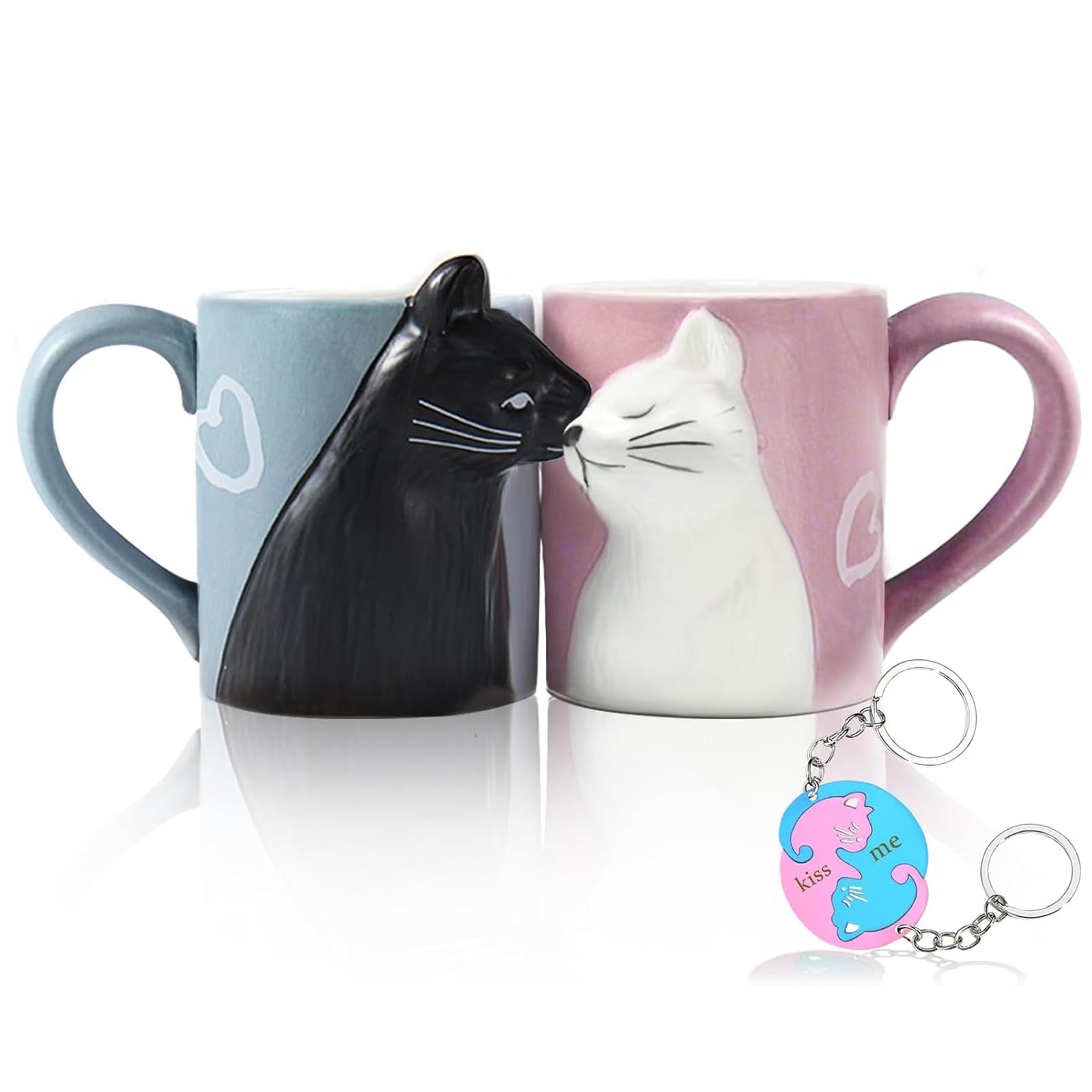 Binoster Kiss Cat Coffee Couple Handmade Mug, Funny Tea Ceramic Cup Set for Bride and Groom, Matching Gift for Engagement Wedding and Married Couples Anniversary Valentines Day Girlfriend Wife