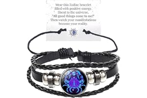 bike8 Zodiac Signs Spirit Bracelet Multilayer Adjustable 12 Constellation Black Leather Bracelet Handmade Woven Zodiac Sign Wrap Bracelet Birthday Jewelry Gifts for Women Men