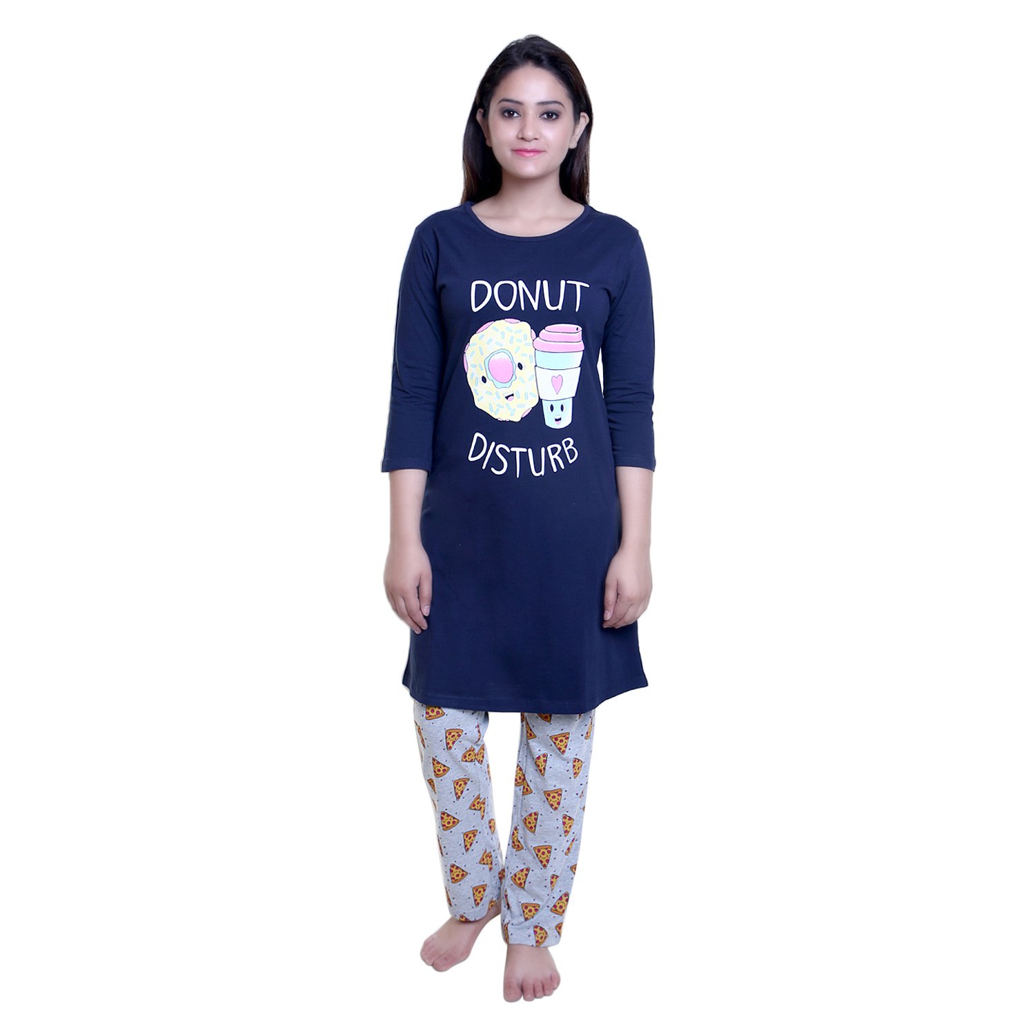 trazo premium quality stylish thought printed round neck full sleeves navy long cotton t shirts for women