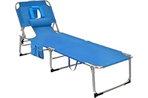 GYMAX Tanning Chair, Folding Beach Lounger with Face Arm Hole, Adjustable Backrest, Side Pocket, Pillow & Carry Handle, Outside Sunbathing Lounge Chair for Patio, Poolside, Lawn (1, Navy)
