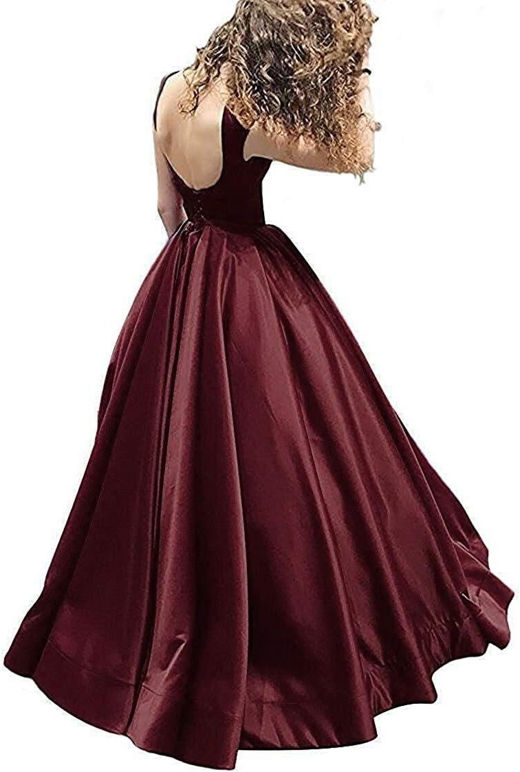 Satin Prom Dresses Long With Pockets Backless A-Line Evening Ball Gowns For Women Wedding