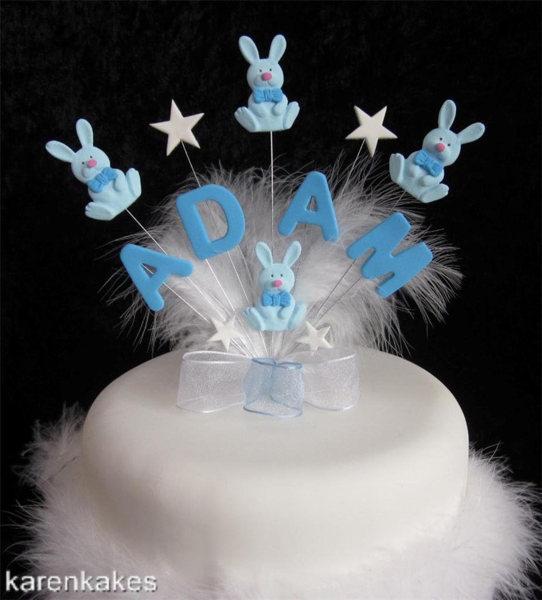 Blue Bunny Rabbit Christening or Naming Day Cake Topper Any Name