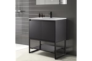 LUCKWIND 30" Black Bathroom Vanity with Sink Combo, Bathroom Vanity Cabinet with Metal Frame, Undermount Ceramic Sink, Matte Black Faucet, 2 Soft-Closing Door and Built-in Power Socket