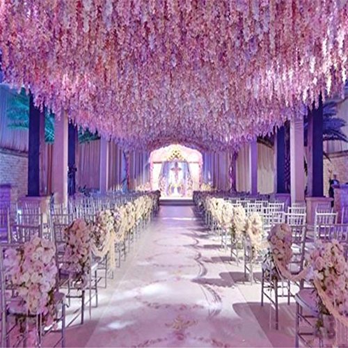 YSBER 6/12 Piece Artificial Fake Wisteria Vine Rattan, Hanging Silk Flowers String for Home Party, Yard and Wedding, Purple/Red - Thumbnail 5