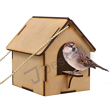 Deskart Bird House for Balcony and Garden Hanging for Sparrow, Hummingbird, Kingfisher Mini Bird Nest for Balcony Made with Water Resistant Wooden MDF Sheet with Hanging and Wall Patch (Brown)