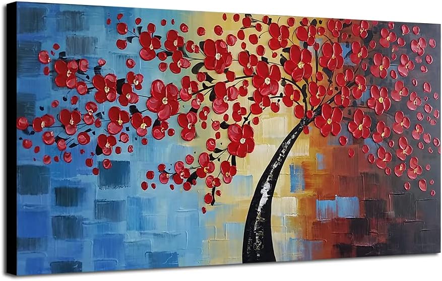 Paintings - Wieco Art Dazzling Beauty Modern Extra Large Stretched and Framed 100% Hand Painted Red Flowers Artwork Abstract Floral Oil Paintings on Canvas Wall Art for Living Room Bedroom Home Decorations 24x48