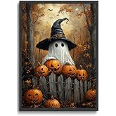 ZKFGPP Halloween Ghost with Witch Hat Canvas Wall Art Poster 16x24 inch | Vintage Halloween Wall Decor, Cute Ghost Witch Hat Art Print, Jack O'Lantern Forest Bats Picture Fall Gift