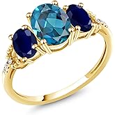 Gem Stone King 10K Yellow Gold Oval London Blue Topaz Blue Sapphire and Diamond 3-Stone Engagement Ring For Women | 2.64 Cttw | 3 Stone Wedding Anniversary Promise Ring For Women