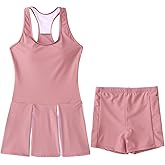 Kids Girls Tennis Golf Dress Outfit Sleeveless Racerback Dresses with Shorts Pockets Sport Athletic 2 Piece Sets(Dark Pink, 10-12 Years)