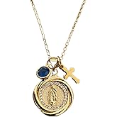 Personalized Virgin Mary Necklace – 14k Gold Filled Catholic Medal Pendant with Birthstone & Cross Charm – Blessed Mother Mary Jewelry – Baptism, Confirmation, Communion Gift