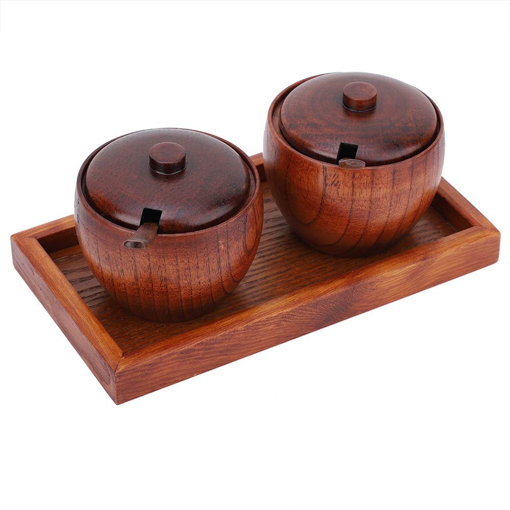 HERCHR Wooden Seasoning Containers Set, Condiment Pots Seasoning Box Sugar Bowls Spice Jar Set with Serving Spoons, Lid and Non-slip Base