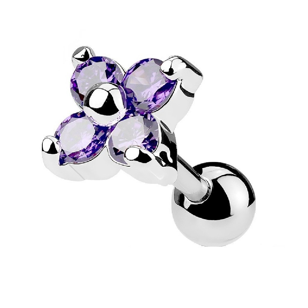 PiercedOff 316L Surgical Steel Cartilage Barbell with Tanzanite Crystal Flower - Thickness 16GA (1.2mm) / Length 6mm / Ball Size 4mm / Flower Size 6mm