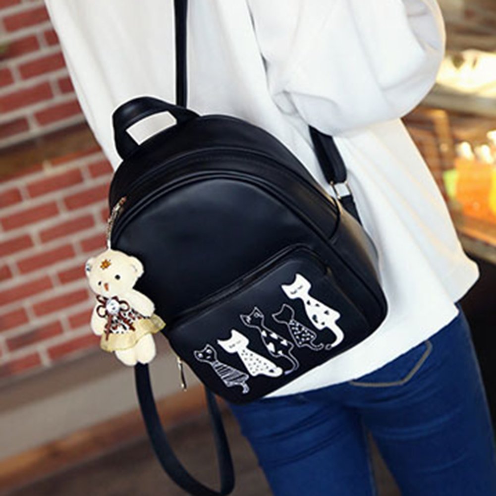 zibuyu 4pcs cat printed girls pu leather backpack shoulder bag clutch purse bag
