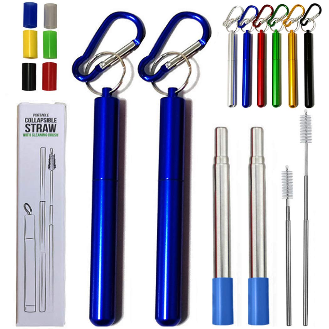 Hoshen 2 PCS Reusable Folding Metal Straws, Portable Telescopic Straws, Including Brushes and Silicone Heads (with Shell) - Blue
