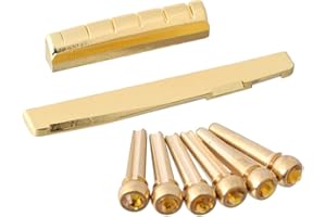 LYWS Set 6PCS Acoustic Guitar Brass Bridge Pins Crystal Dot w/Slotted Nut & Saddle(72mm) (Gold Crystal Dot)