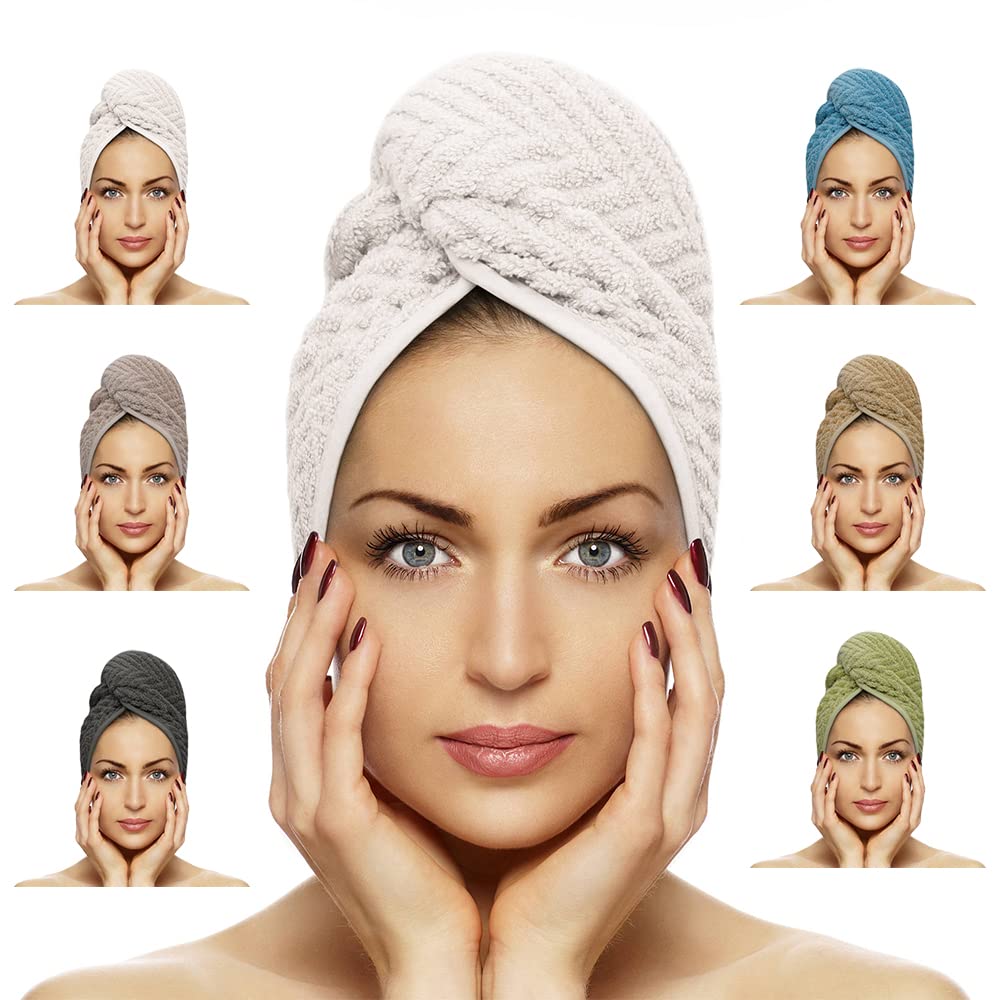 FAB-ON UK Hair Dry Towel Turban Style 100% Cotton Instant Drying Quick Absorbent Lightweight Button & Loop Closure One Size Hair Dry Cap For Curly Long Hair 64x24cm