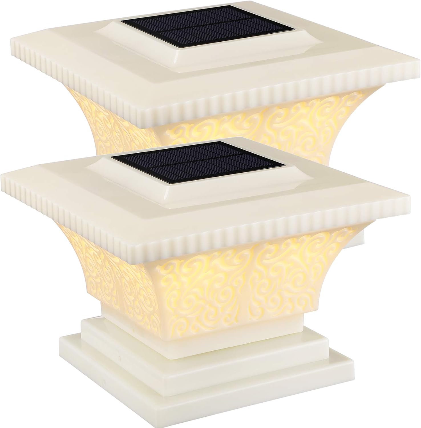 TORCHSTAR Solar Post Cap Lights Outdoor, IP65 Waterproof Square Fence Light, Soft White Lamp, 360° Beam Angle, Fits 4x4, 5x5, 6x6 Posts, for Deck, Garden or Patio, Creamy White Finish, Pack of 2