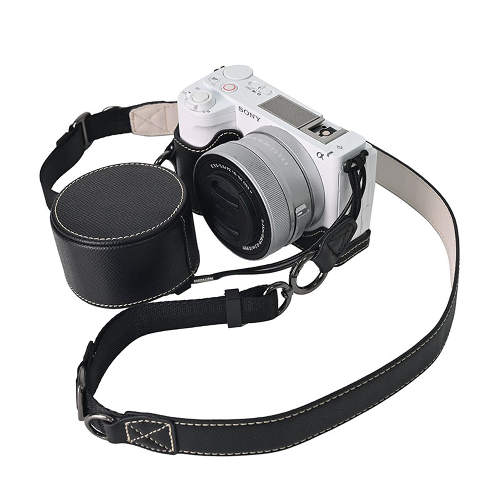 VOVMOEYA Protective Camera Case Kit for Sony ZV-E10 II Mirrorless Camera,for Sony ZVE10II Half Case ZV-E10II Camera Cover with 16-50MM Front Lens Cap with Shoulder Strap-Black