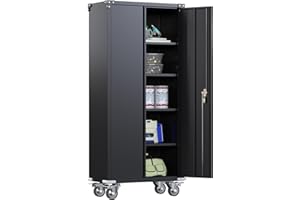 GangMei Black Metal Storage Cabinet with Wheels, 71'' Rolling Locking Garage Cabinet, 4 Adjustable Shelves, Utility Cabinet for Garage, Shop, Home, Assemble Required