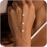 Gold Hand Chain Bracelets for Women Trendy，Dainty Clover Pearl Charm Ring Bracelet Hand Chain 14K Gold Planted Cute Heart Butterfly Flower Stackable Bracelets for Women Non Tarnish Gold Jewelry Gifts