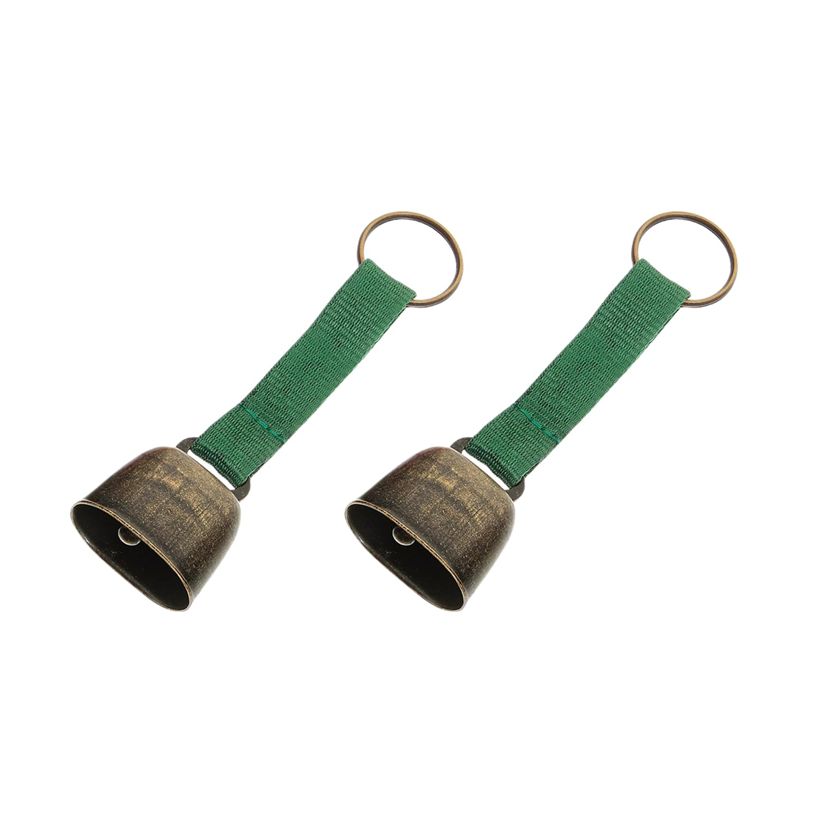 WUMUZAI 2 Pack Small Cow Bell for Dog Collar, Loud Bear Bells with Leather Button Strap, Cow Horse Sheep Grazing Copper Bells, Pet Brass Bells Tracker Noise Maker, Bronze Bell for Crafts (Green)