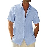 Runcati Mens Button Down Linen Shirts Short Sleeve Casual Collared Summer Beach Untucked Tops
