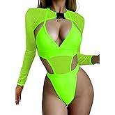 Rave Outfits for Women - EDC Festival Neon Bodysuit Concert Swimsuit Mesh Buckle Crop Top Club Party 2 Pcs Set