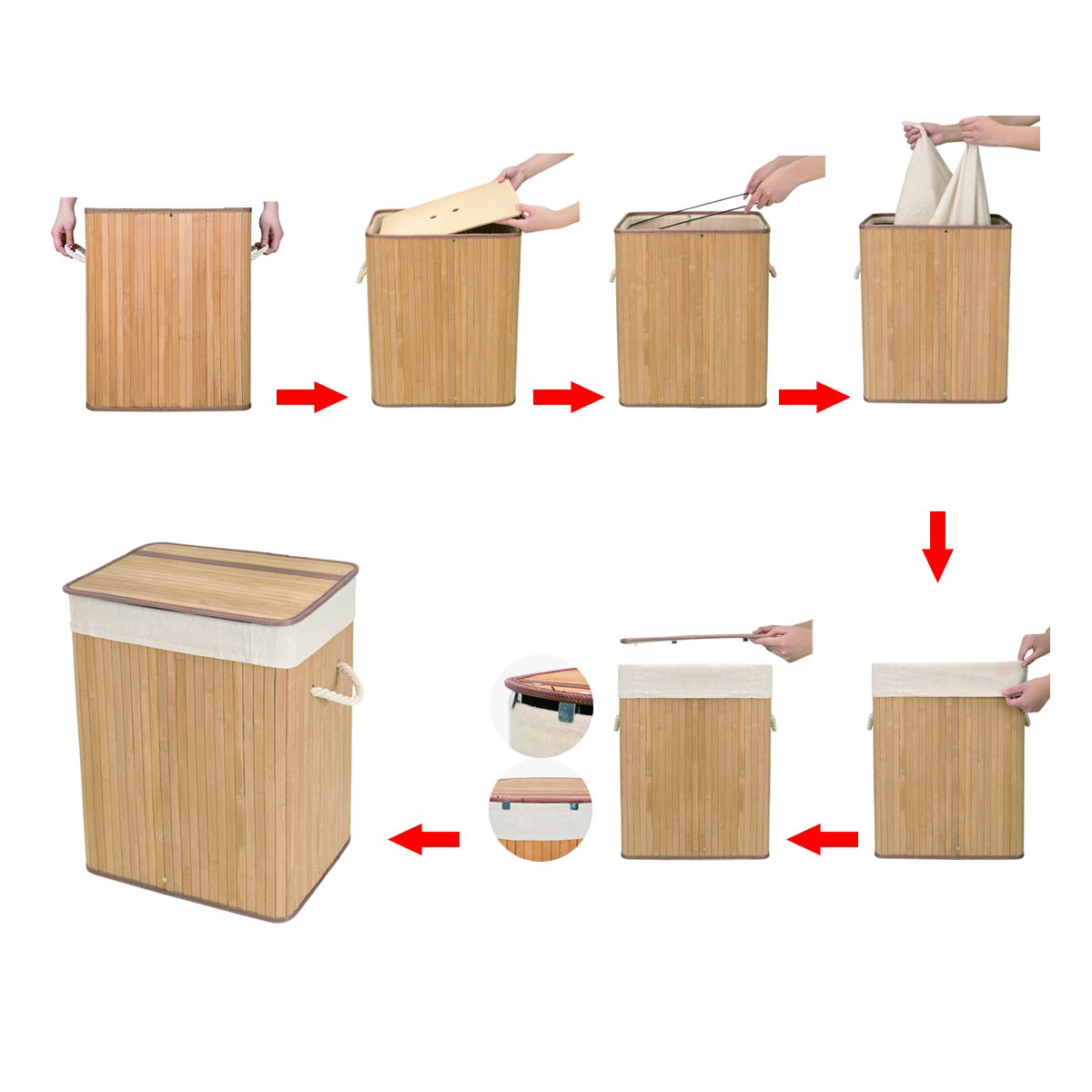 WOWLIVE Bamboo Laundry Hamper with Lid Handles Laundry Basket Dirty Clothes Laundry Hamper Sorter Rectangular Collapsible Organizer