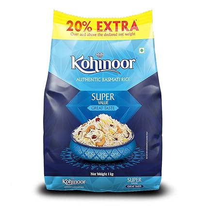 Kohinoor Super Value Authentic Basmati Rice, 1 Kg Pack (Get 20% Extra)