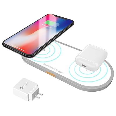 Estaci&oacute;n de carga r&aacute;pida de cargador inal&aacute;mbrico dual, almohadilla de carga inal&aacute;mbrica dual Hometall 24W con cable y adaptador de pared de carga r&aacute;pida Qualcomm 3.0, cargador inal&aacute;mbrico Qi certificado para iPhone AirPods Samsung ( Blanco )