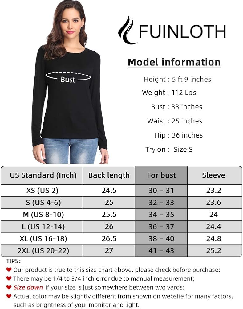 fuinloth Women’s Basic Long Sleeve T Shirts, Crewneck Slim Fit Spandex Tops, Plain Layer Underscrub Tees: Clothing