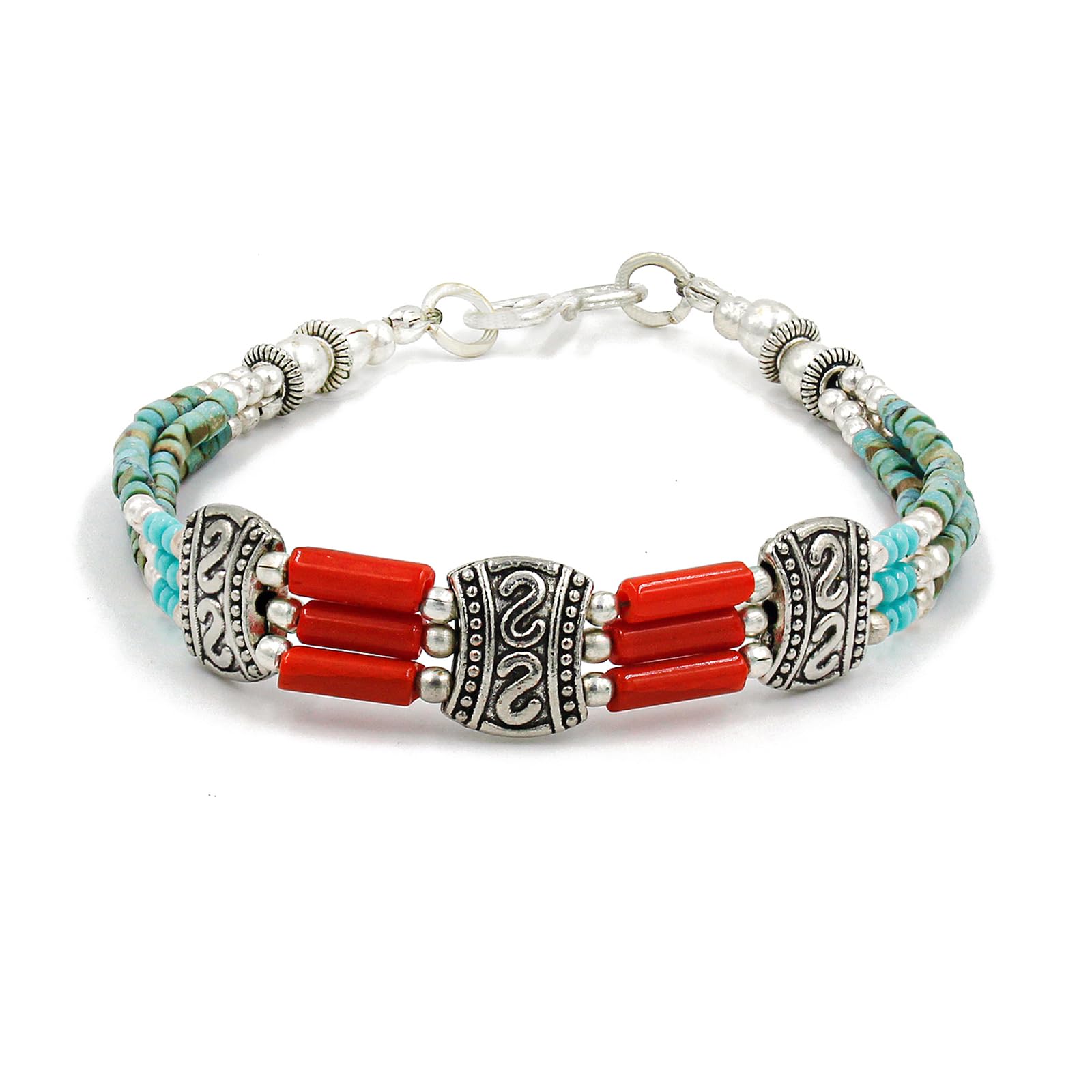 Handmade Ethnic Wristband Bracelet for Women & Men Coral & Compressed Turquoise Gemstone Fashion Boho Tibetan Bracelet 925 Silver Plated Tribal Gypsy Jewellery