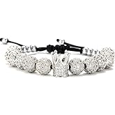 GVUSMIL Silver Luxury CZ Imperial Crown Braided Copper Bracelets with 8mm Micro Pave Cubic Zirconia Beads Pulseira Bangle for Men