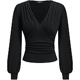 CIDER Wrap Tops for Women Long Sleeve V Neck Business Casual Outfits Ruched Pleated Going Out Blouse Fall Trendy