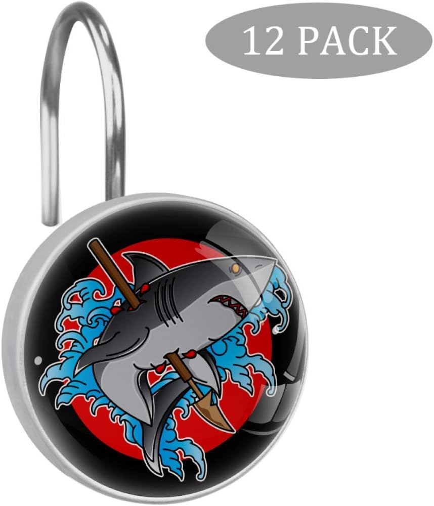 Shiiny Traditional Shark Tattoo Flash Art Decorative Shower Curtain Rings Stainless Steel Rust-Resistant Shower Hooks Ring for Bathroom Shower Rods Curtain and Liner, 12 PCS