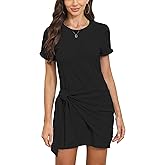 Yulaviniee Women's Summer Short Sleeve Front Tie Crewneck Wrap Dress Casual T Shirt Cotton Ruched Mini Party Dresses