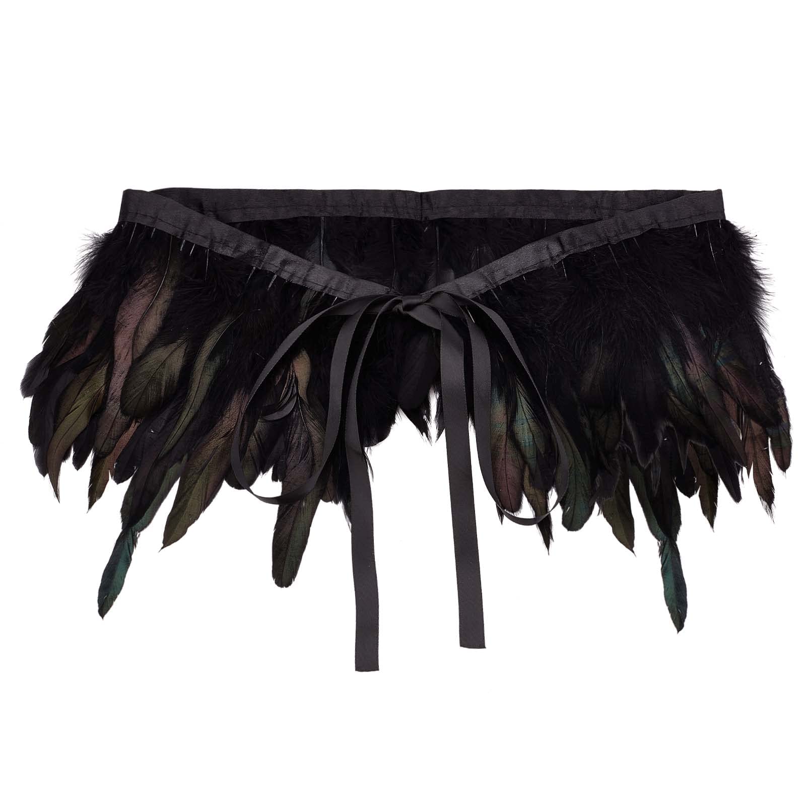GORGECRAFT 73CM Gothic Black Feather Shawl Cape Poncho Victorian Shrug Polyester Ribbon Cosplay Costume Shawl for Halloween