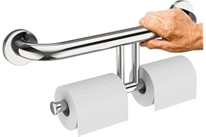 Chrome Grab Bar w/Double Toilet Paper Roll Holder 17 Inch, iHansee Stainless Steel Shower Support Balanced Support Handle, Wall Mounted Safety Bathroom Handrail for Elderly Senior Handicap Disabled