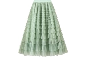 PRETTYQUEEN Women's Layered Tulle Skirts A Line Ruffle High Waisted Mesh Long Maxi Skirt
