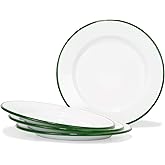 Red Co. Set of 4 Enamelware Metal Classic 10" Round Dinner Plate, Solid White/Dark Green Rim
