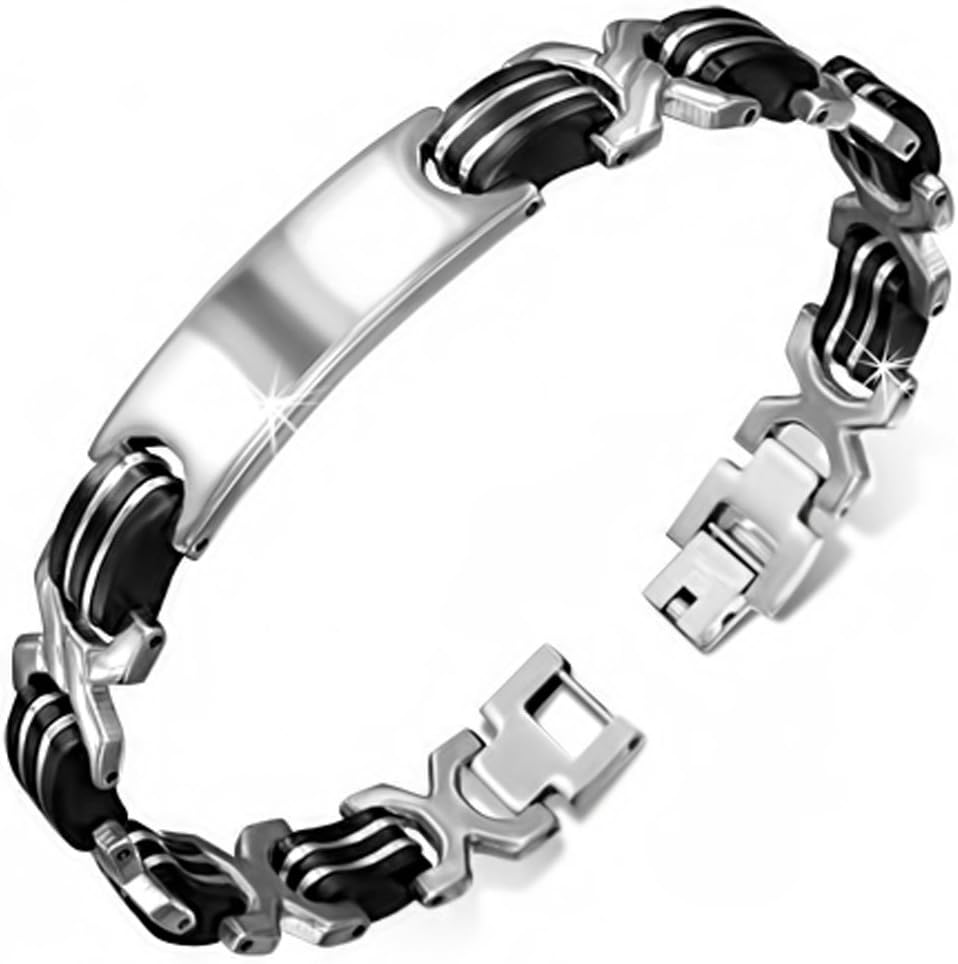 ZENSE ZB0215 Men's Stainless Steel and Black Rubber Chain Bracelet