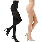 HA WA Black Tights for Women, 2 Pairs Opaque Tights with Control Top Pantyhose