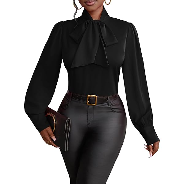 トップス meltthelady neck ribbon tops Women's Bow Tie Neck Shirts Casual Long Lantern Sleeve Tops Mock