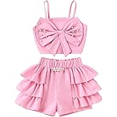 WDIRARA Toddler Girl's 2 Piece Outfits Bowknot Pearl Crop Cami Top and Layered Ruffle Shorts Set