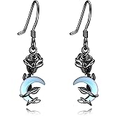 Black Rose Dangle Earrings Sterling Silver Gothic Earrings for Women Moon Moonstone Earrings