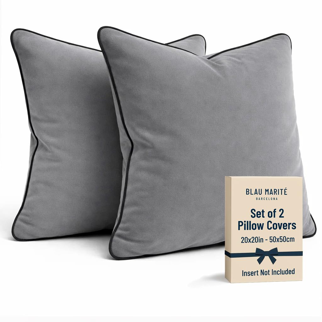 Blau Marité Set of 2 Velvet Throw Pillow Covers with Contrast Piping, Soft Decorative Cushion Covers, Dove Grey, 20"x20" (50x50 cm).