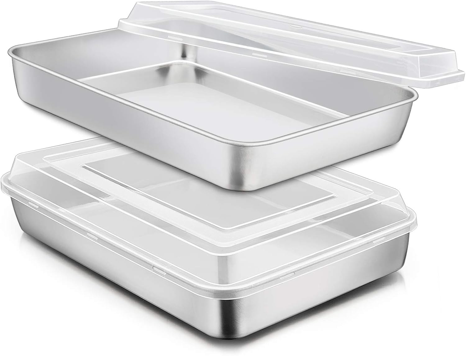 Stainless Steel Baking Pan with Lid, E-far 12? x 9¾ x 2 Inch Rectangle Sheet Cake Pans with Covers Bakeware for Cakes Brownies Casseroles, Non-toxic & Healthy, Heavy Duty & Dishwasher Safe - Set of 2