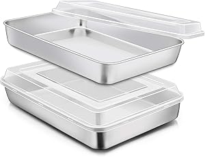 Stainless Steel Baking Pan with Lid, E-far 12? x 9¾ x 2 Inch Rectangle Sheet Cake Pans with Covers Bakeware for Cakes Brownies Casseroles, Non-toxic & Healthy, Heavy Duty & Dishwasher Safe - Set of 2