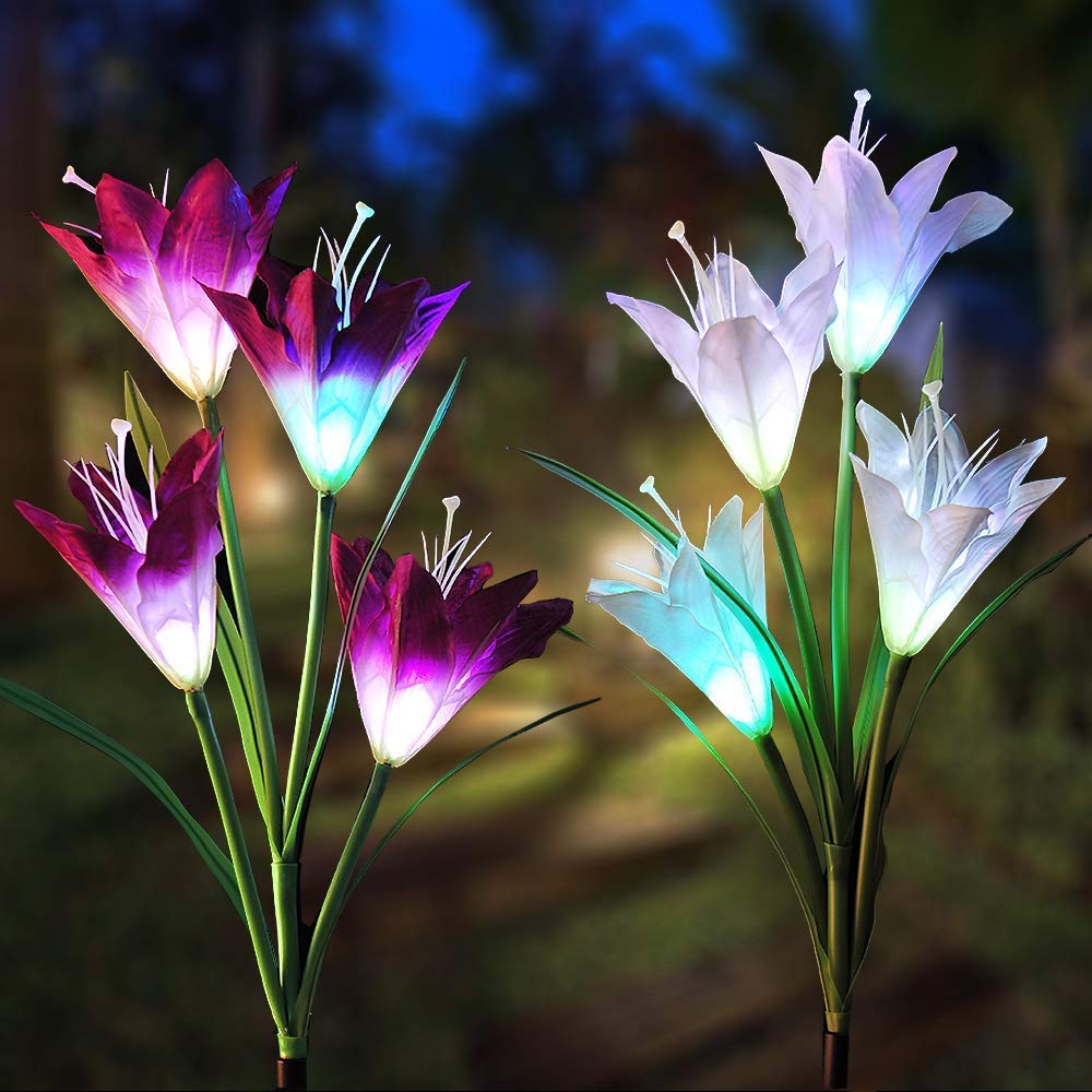 2 Pack Outdoor Solar Lights, AOIEORD Multi-Colors Changing Solar LED Flower Stake Lights with 8 Lily Flowers, Perfect for Garden, Patio, Backyard Decorating Halloween & Christmas (Purple & White)